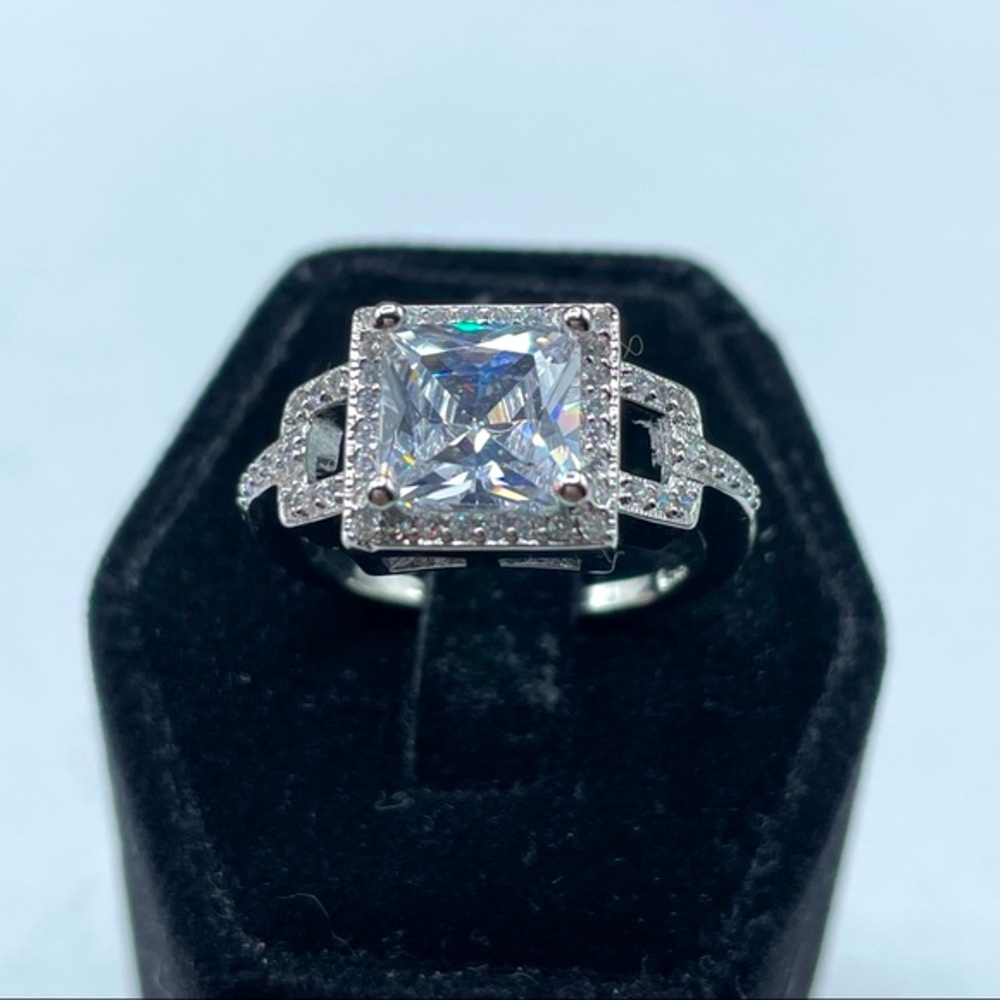 Beautiful Silver Plated Square Cut White Diamond CZ Halo Ring